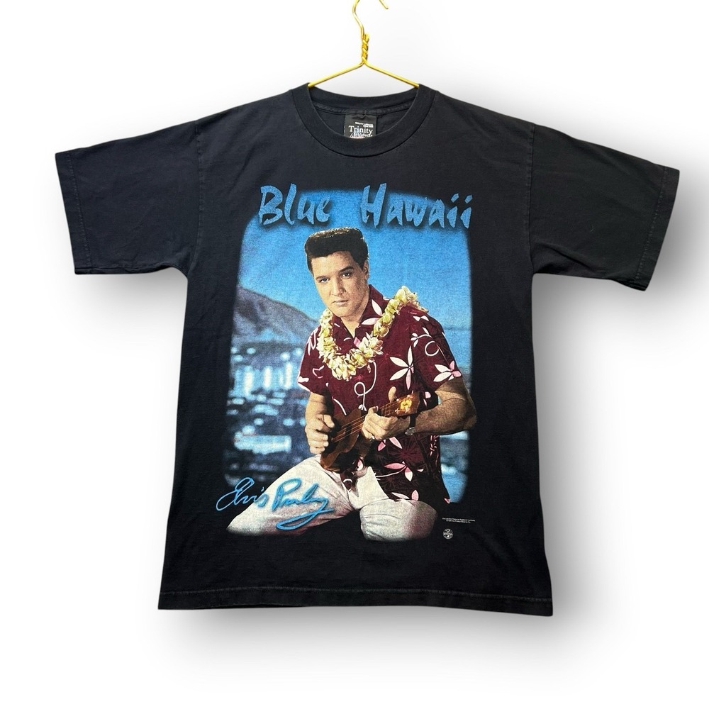 Vintage 1995 Elvis Presley Blue Hawaii T Shirt USA Made Trinity L Black Tee